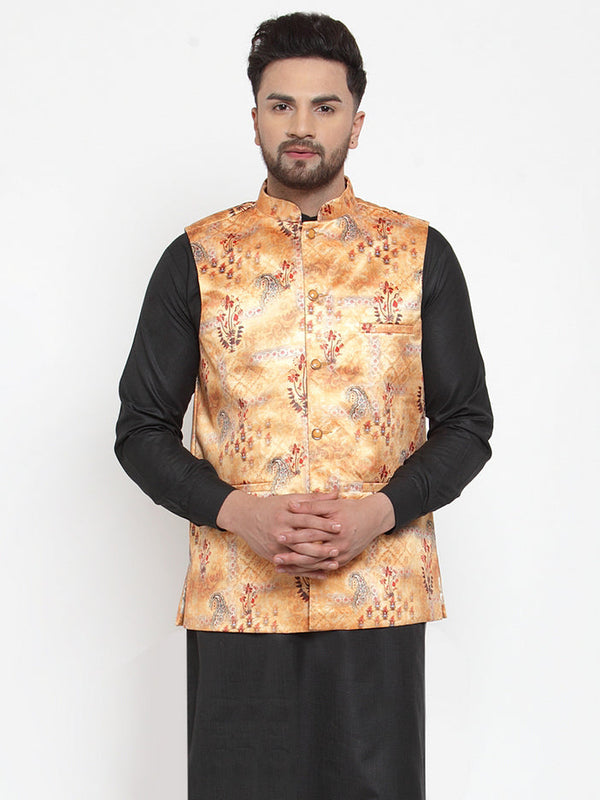 Jashvi Men Orange Printed Satin Nehru Jacket