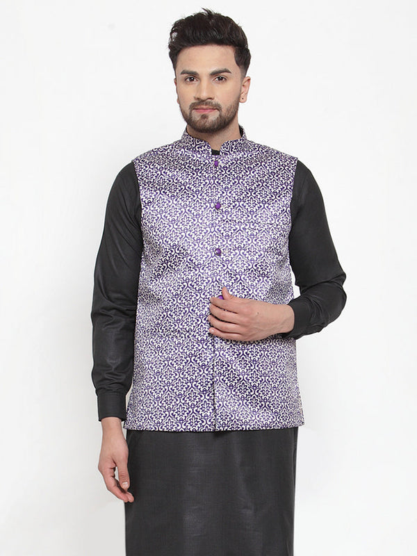 Jashvi Men Purple Printed Satin Nehru Jacket