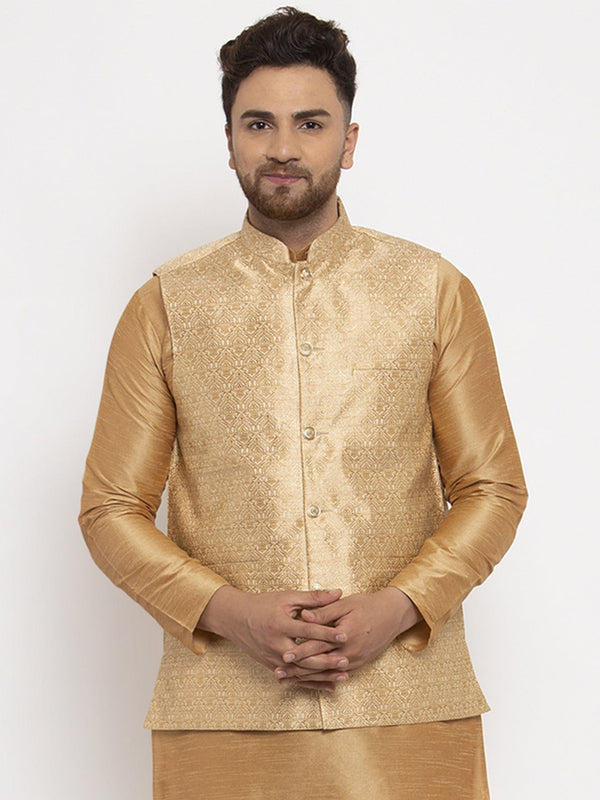 Men's Gold Woven Nehru Jacket ( JOWC 4009Golden ) - Virat Fashions