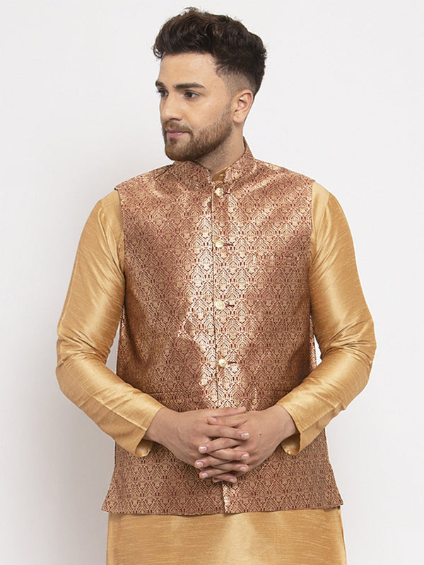 Men's Maroon Woven Nehru Jacket ( JOWC 4009Maroon ) - Virat Fashions