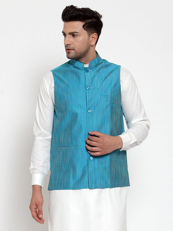 Men's Blue Woven Design Nehru Jacket ( JOWC 4010 Blue ) - Virat Fashions