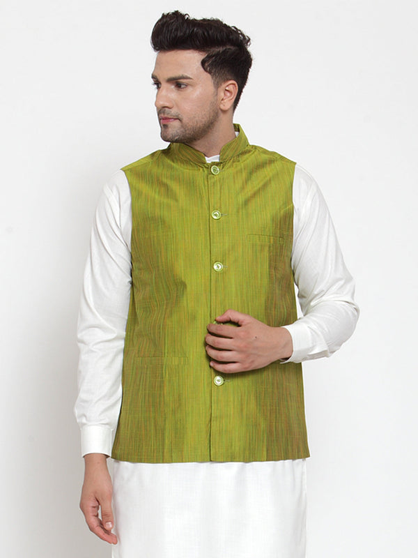 Men's Green Woven Design Nehru Jacket ( JOWC 4010 Green ) - Virat Fashions