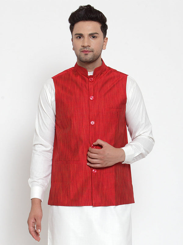 Jashvi Men's Red Woven Design Nehru Jacket