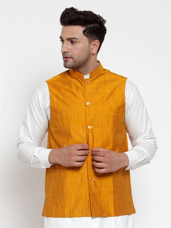 Jashvi Men's Yellow Woven Design Nehru Jacket