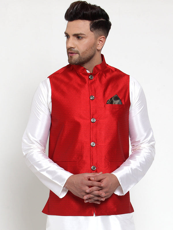 Jashvi Men's Maroon Woven Jacquard Nehru Jacket