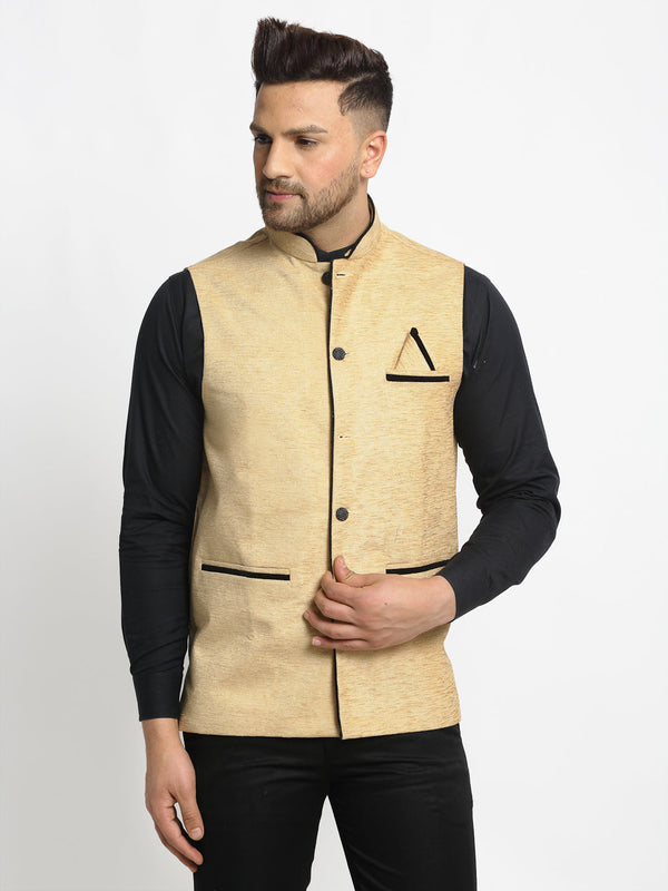 Jashvi Men's Beige Solid Nehru Jacket with Square Pocket