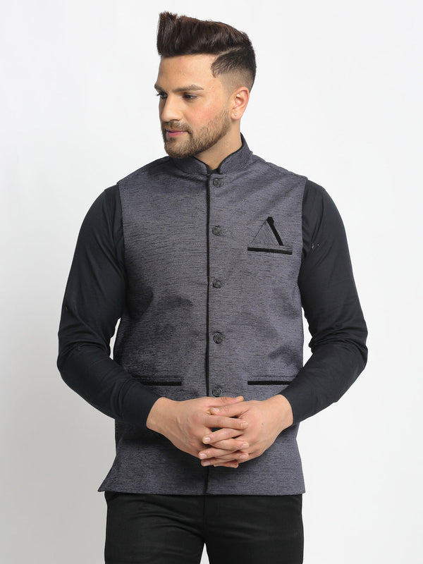 Men's Grey Solid Nehru Jacket with Square Pocket ( JOWC 4024Grey ) - Virat Fashions