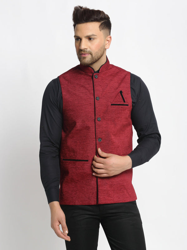 Jashvi Men's Maroon Solid Nehru Jacket with Square Pocket