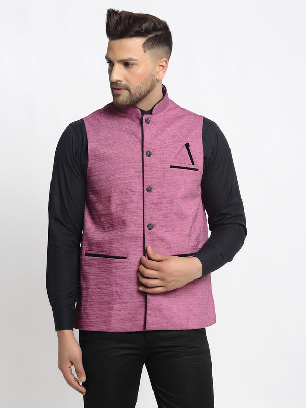 Jashvi Men's Purple Solid Nehru Jacket with Square Pocket