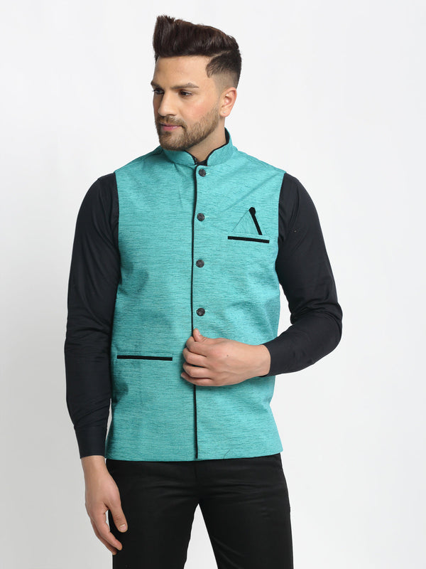 Jashvi Men's Blue Solid Nehru Jacket with Square Pocket