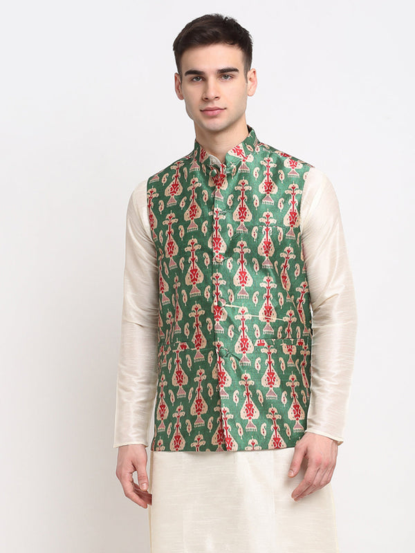 Jashvi Men's Green Digital Printed Green Waistcoat