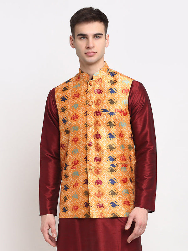 Jashvi Men's Orange Digital Printed Orange Waistcoat