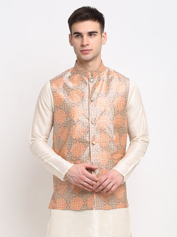 Jashvi Men's Peach Digital Printed Peach-Purple Waistcoat