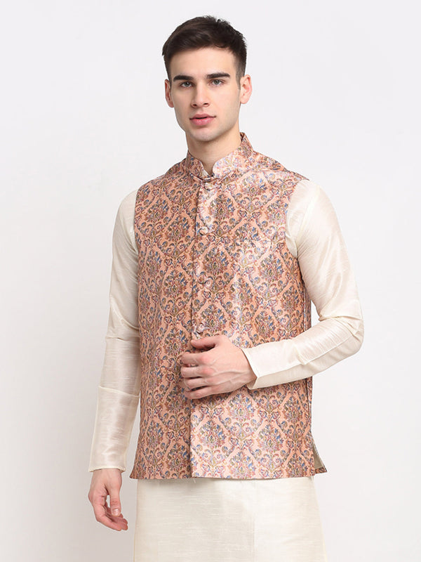 Men's Peach Digital Printed Peach Waistcoat ( JOWC 4025Peach ) - Virat Fashions