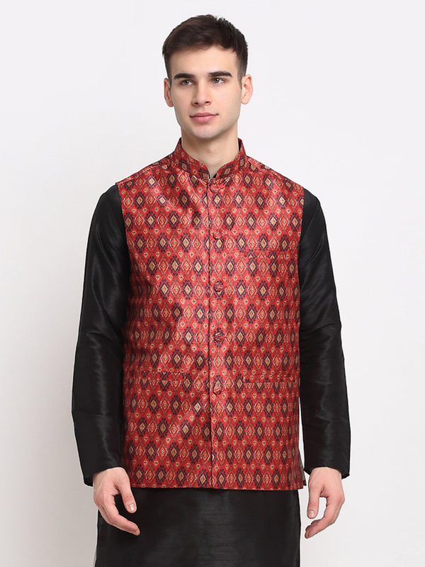 Jashvi Men's Red Digital Printed Red Waistcoat