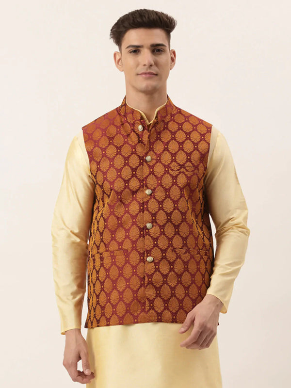 Men's Maroon Self-Designed Waistcoat ( JOWC 4026 Maroon ) - Virat Fashions