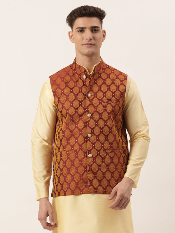 Jashvi Men's Maroon Self-Designed Waistcoat