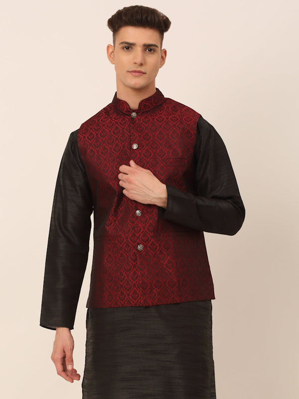 Jashvi Men's Maroon Self-Designed Maroon Waistcoat