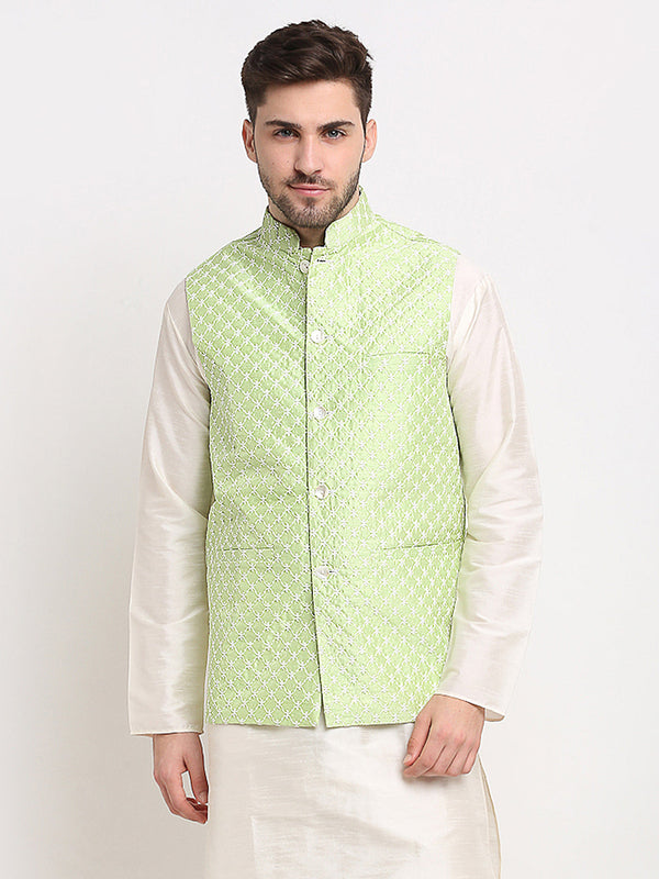 Men's Green Green and White Embroidered Nehru Jacket ( JOWC 4029Green ) - Virat Fashions