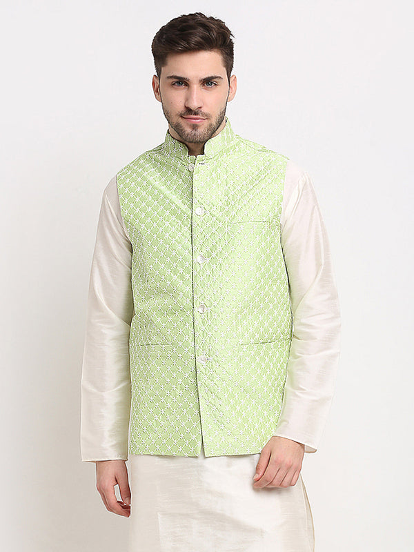 Jashvi Men's Green Green and White Embroidered Nehru Jacket