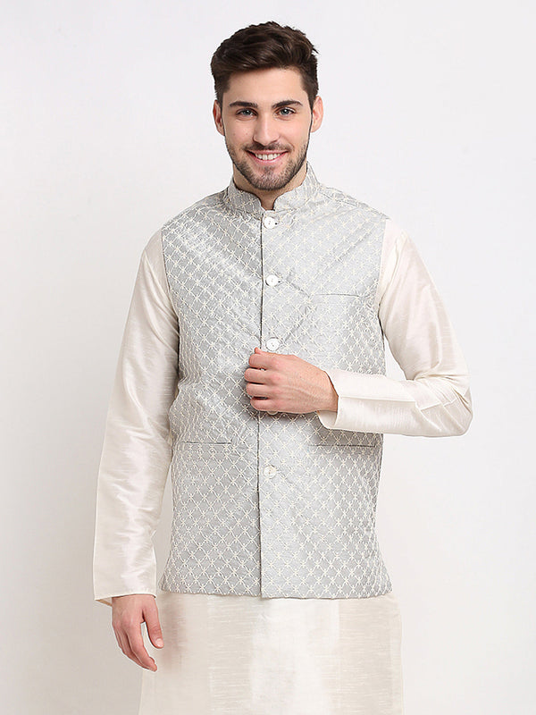 Jashvi Men's Grey Grey and White Embroidered Nehru Jacket