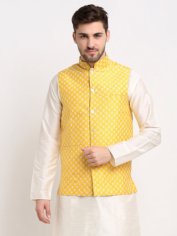 Men's Mustard Mustard and White Embroidered Nehru Jacket ( JOWC 4029Mustard ) - Virat Fashions