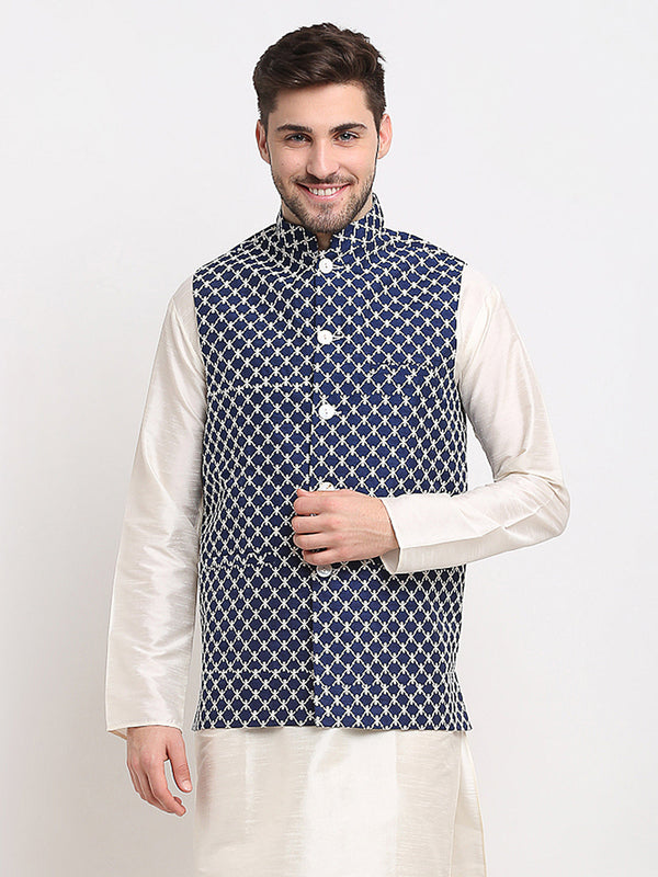 Men's Navy Blue Navy Blue and White Embroidered Nehru Jacket ( JOWC 4029Navy ) - Virat Fashions