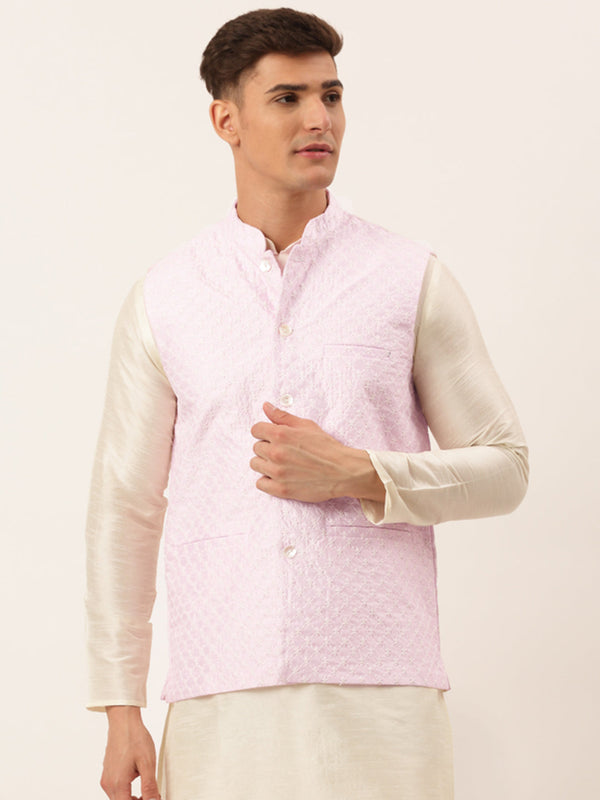 Jashvi Men's Pink Pink and White Embroidered Nehru Jacket