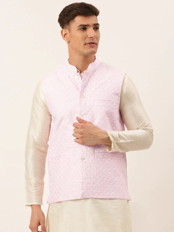 Men's Pink Pink and White Embroidered Nehru Jacket ( JOWC 4029 Pink ) - Virat Fashions