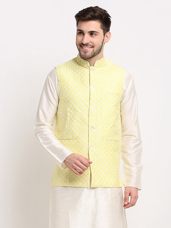 Men's Yellow Yellow and White Embroidered Nehru Jacket ( JOWC 4029Yellow ) - Virat Fashions