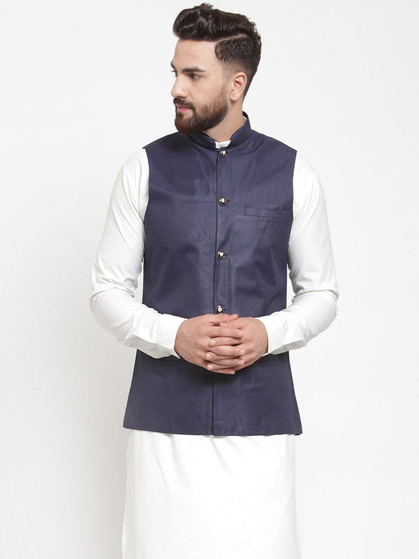 Men's Navy-Blue Solid Nehru Jacket ( JOWC 4002 Navy) - Virat Fashions