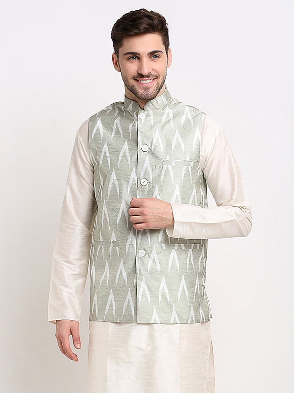 Jashvi Men's Grey Ikat Printed Nehru Jacket