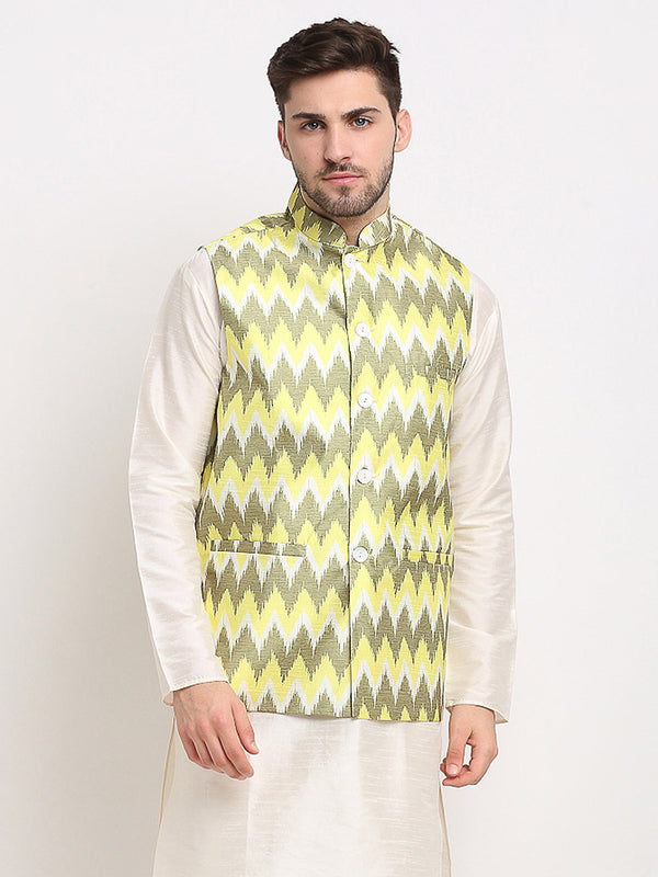 Men's Olive Ikat Printed Nehru Jacket ( JOWC 4030Multi-Olive ) - Virat Fashions