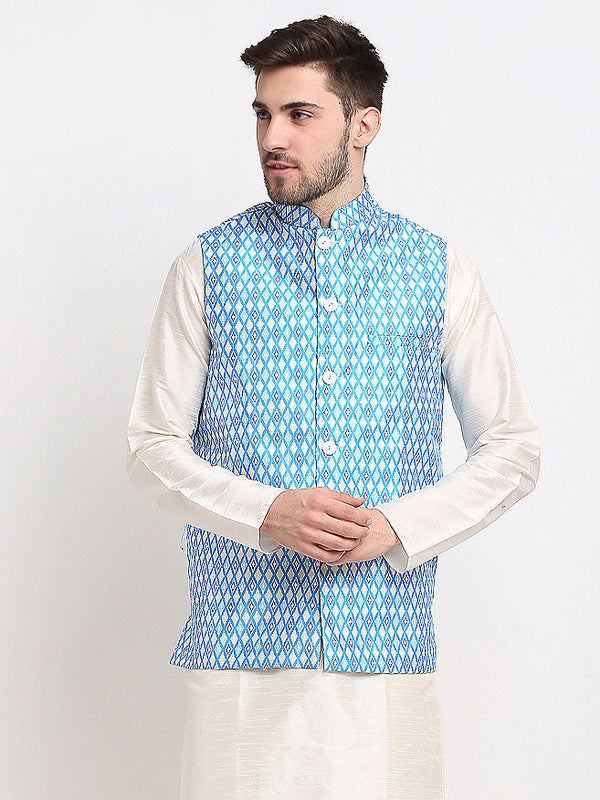 Jashvi Men's Blue Ikat Printed Nehru Jacket