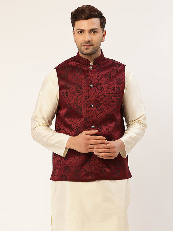 Men's Maroon & Black embossed Nehru Jacket