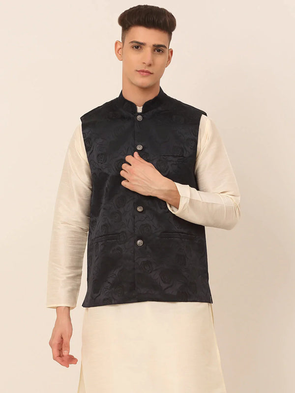 Men's Navy & Black embossed Nehru Jacket ( JOWC 4034 Navy ) - Virat Fashions