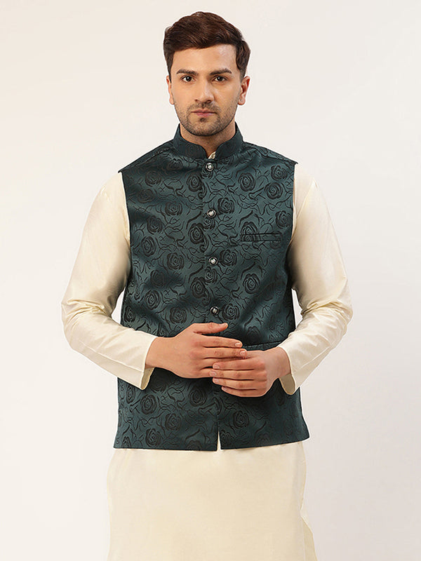 Men's Teal & Black embossed Nehru Jacket