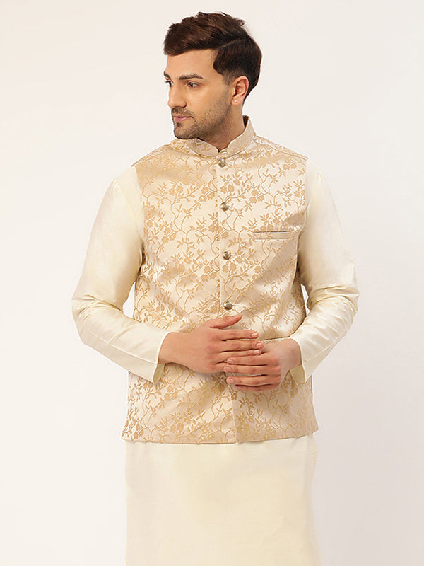 Men's Beige embossed Nehru Jacket