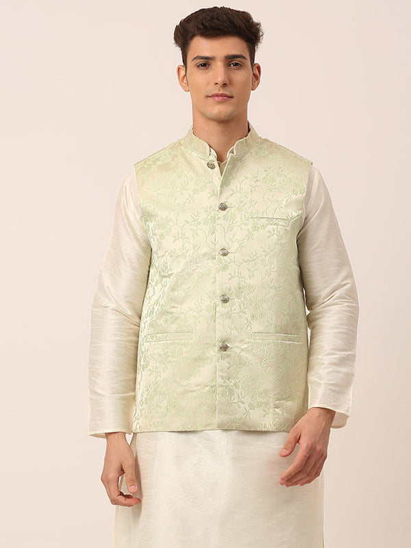 Men's Pista Green Floral Design Nehru Jacket.