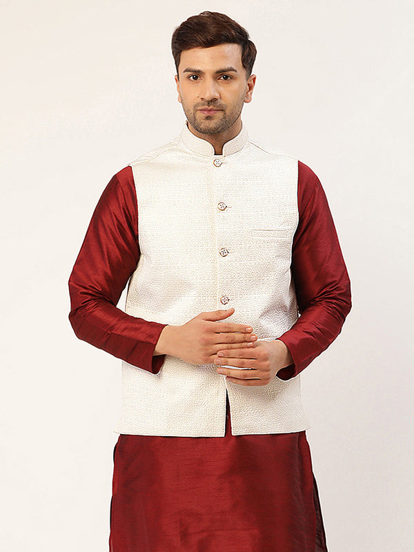 Men's White & Gold embossed Nehru Jacket