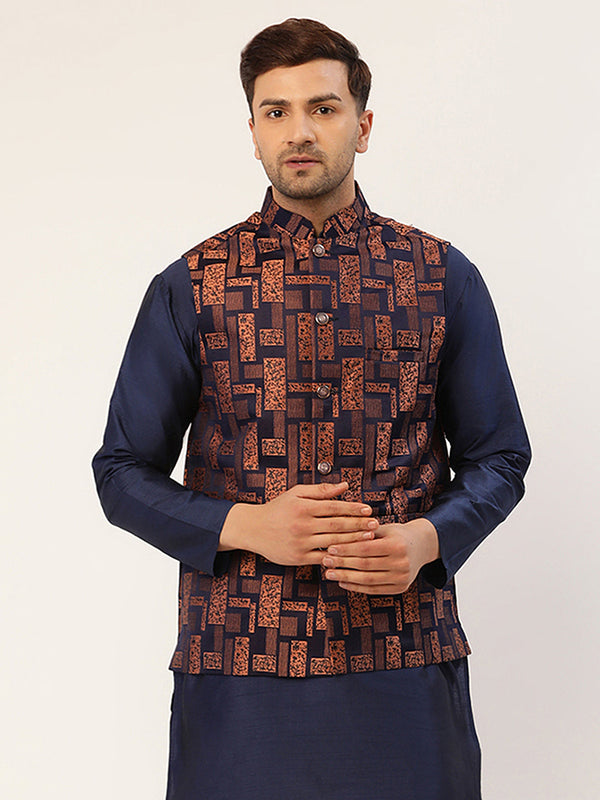 Men's Bronze & Navy Blue embossed Nehru Jacket