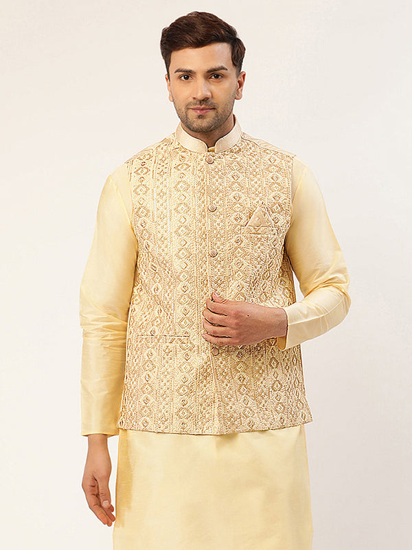 Men Cream & Gold Embroidered Woven Nehru Jacket