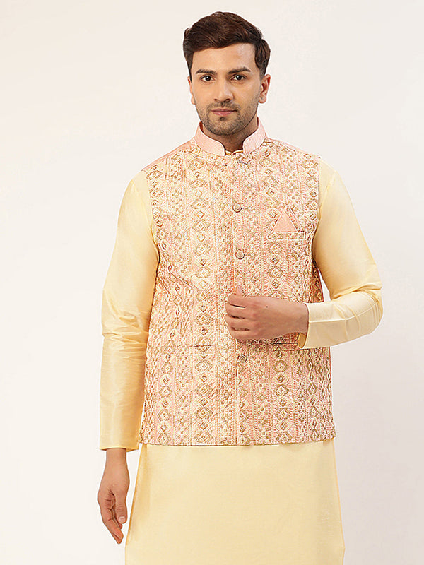 Men Pink & Gold Embroidered Woven Nehru Jacket