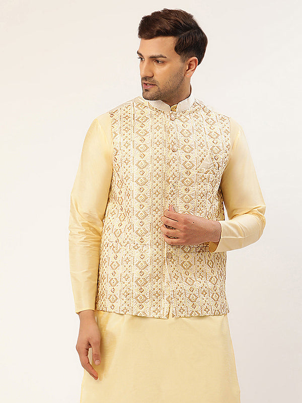 Men White & Gold Embroidered Woven Nehru Jacket