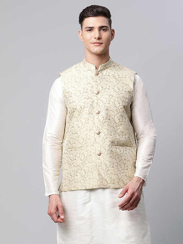 Men's Beige Printed textured Nehru Jacket