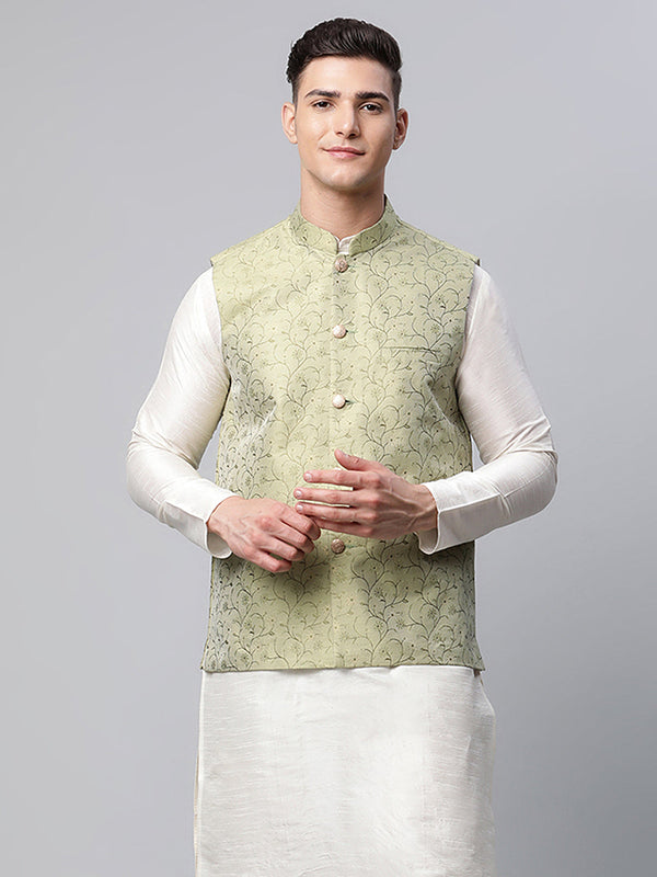 Men's Pista Green Printed textured Nehru Jacket