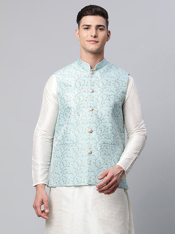 Men's Sky Blue Printed textured Nehru Jacket