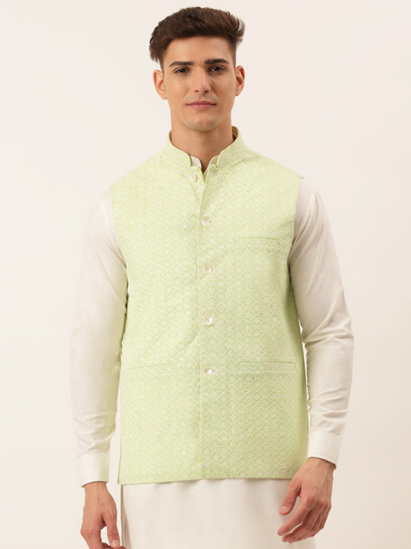 Men's Green Embroidered Nehru Jackets