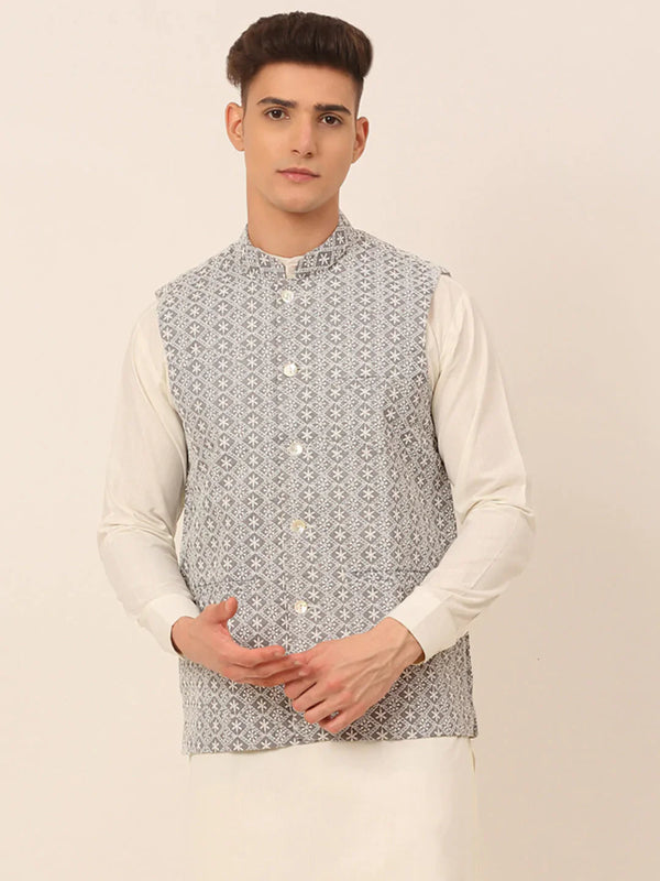 Men's Grey Embroidered Nehru Jackets ( JOWC 4041 Grey ) - Virat Fashions