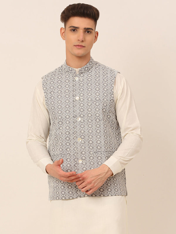 Men's Grey Embroidered Nehru Jackets